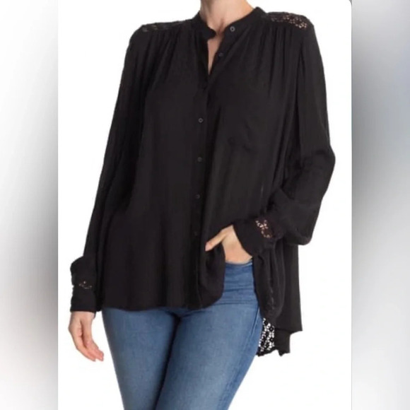 Free People The Best Button Front Blouse Black Crochet Oversized Boho Size XS - Picture 3 of 9